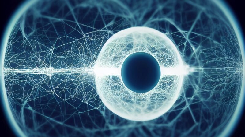 Abstract digital render of a glowing eye made of network patterns