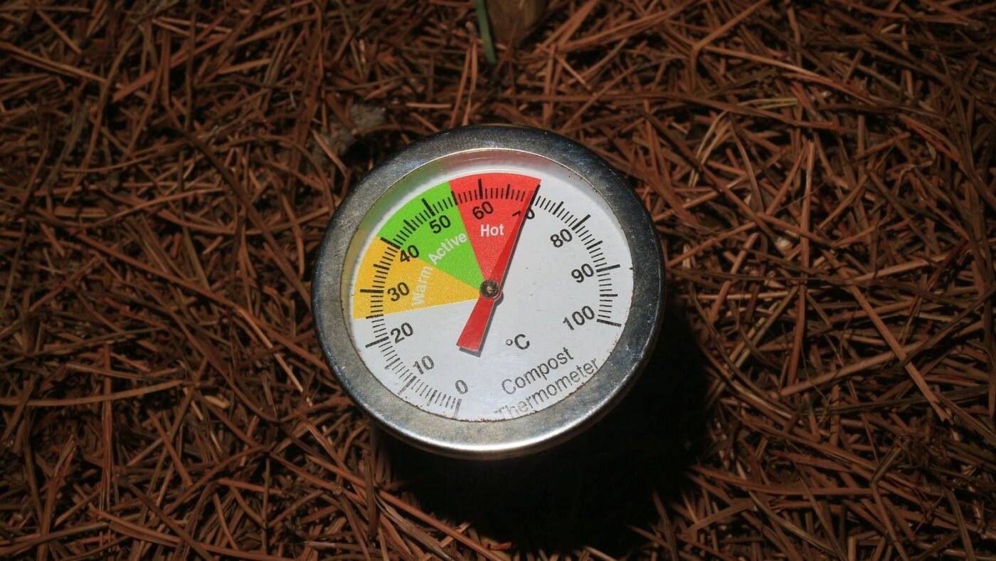 Close-up of an analog thermometer dial with a colored scale