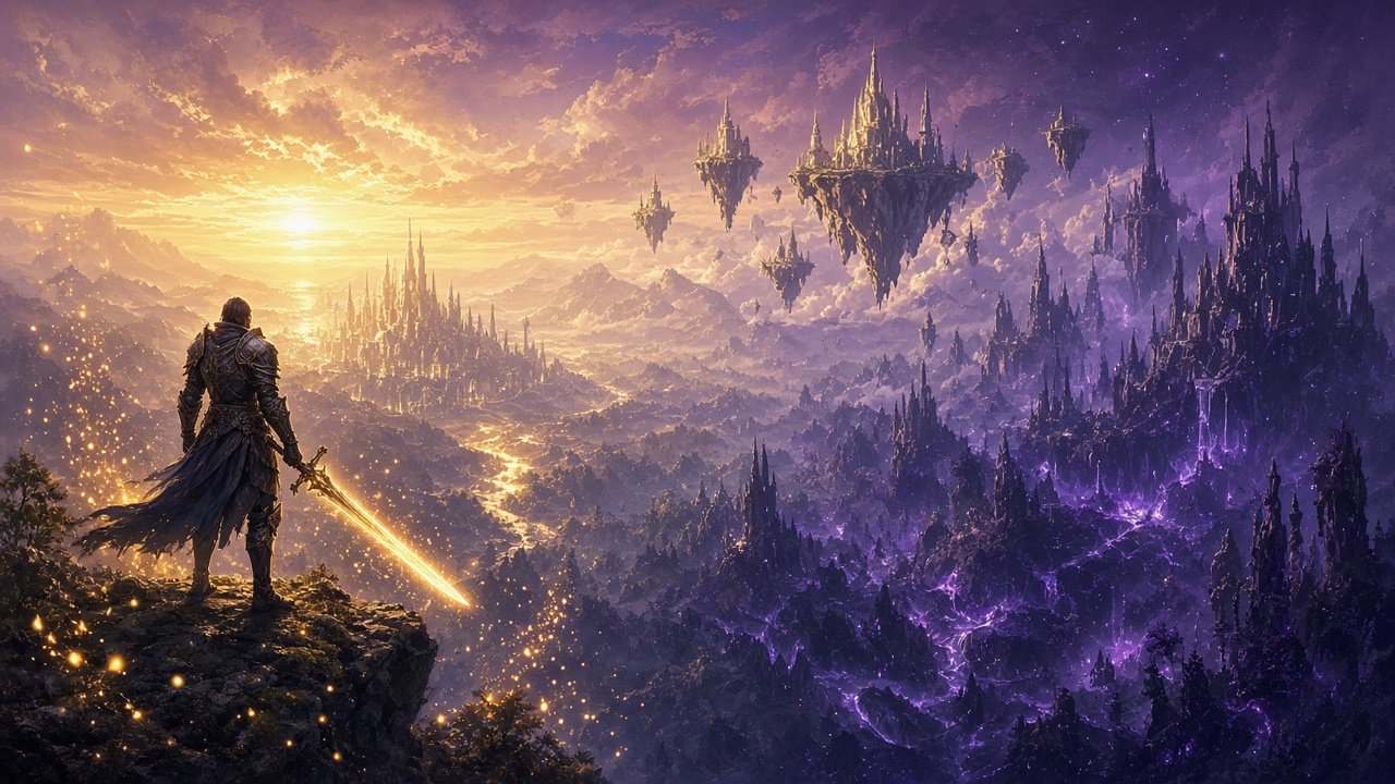Fantasy adventurer overlooking a realm of light and shadow, illustrating WoW Midnight leveling